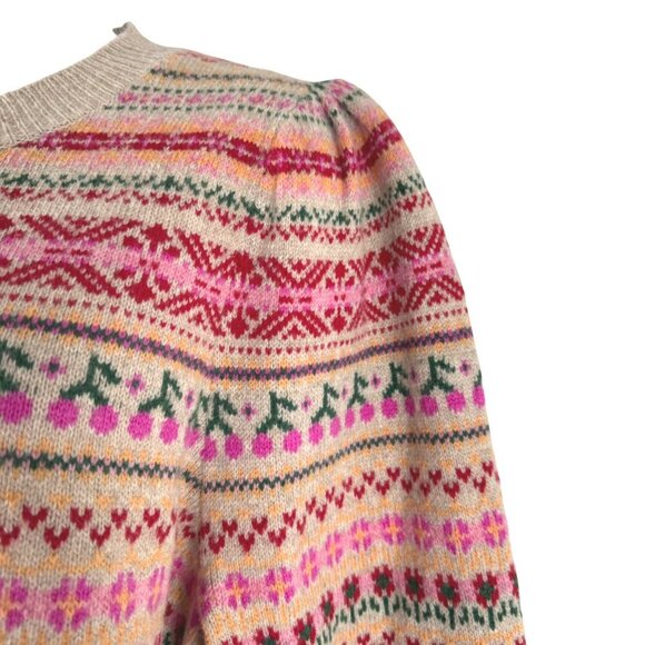 J. Crew Puff‎ Sleeve Fair Isle Crewneck Sweater Large Lambswool Blend FS-1339 - Picture 4 of 9